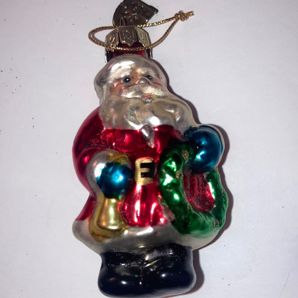 Vintage Thomas Pacconi Hand Painted Glass Santa Ornament in Red, Green, Blue